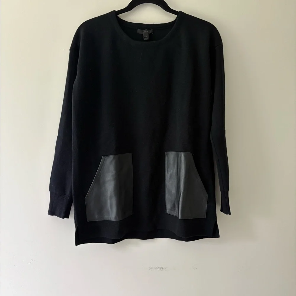J.Crew Black Merino Wool Pullover Sweater Leather Pockets - Picture 2 of 6